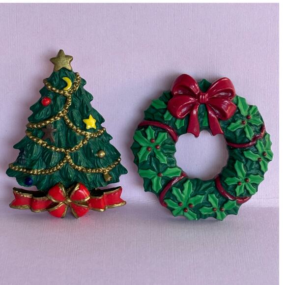 Vintage Christmas Tree and Wreath Resin Pins RUSS AGC - Picture 2 of 8